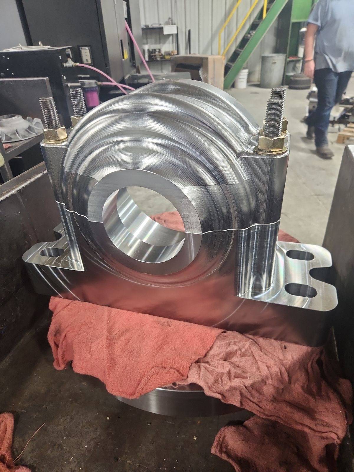 Heavy split housing after boring, resting in the shop